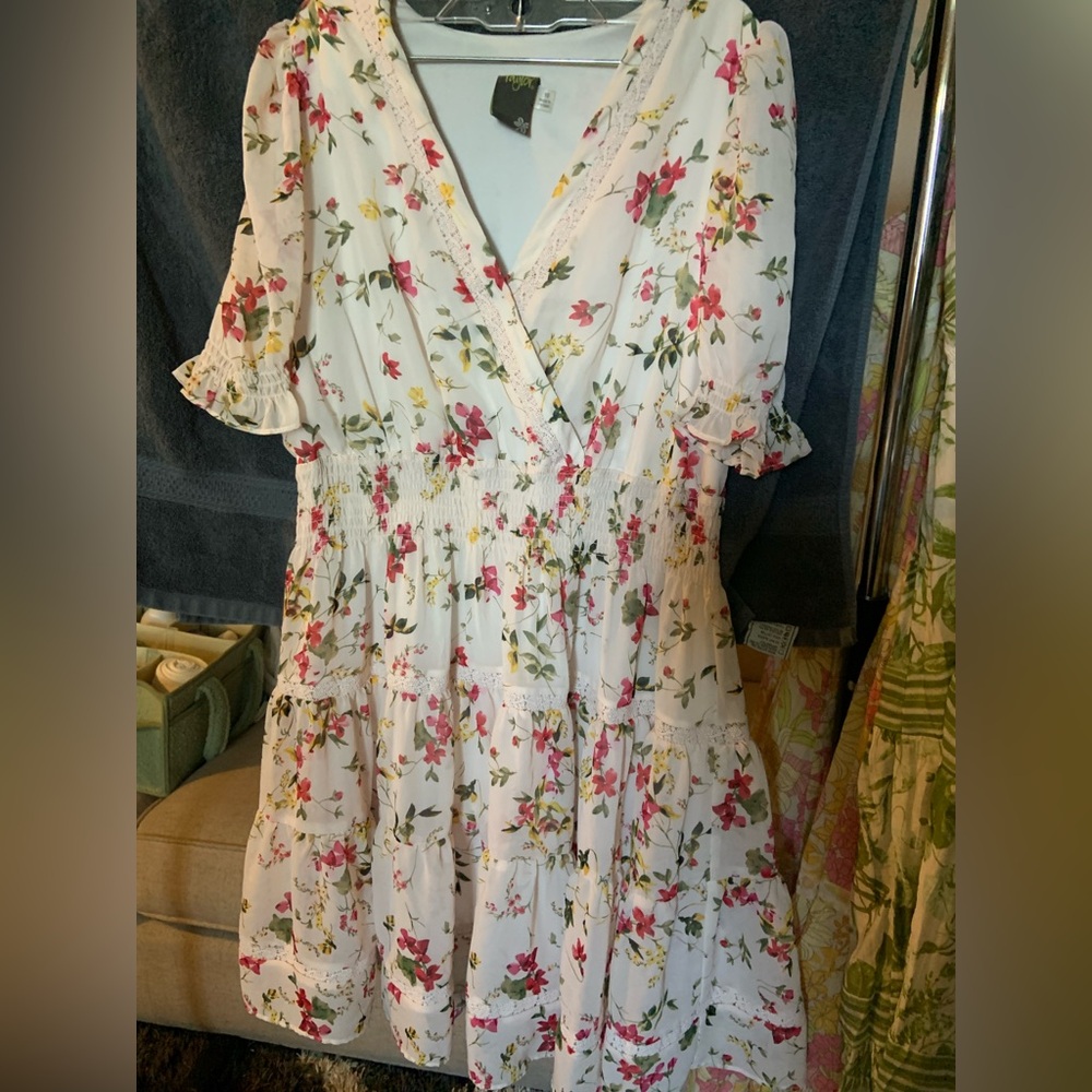 Taylor Cream and White Tiered Ruffled Midi Sundress